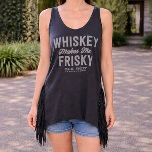 ​Ole Red Black "Whiskey Makes Me Frisky" Fringed Tank Top XL | Tishomingo